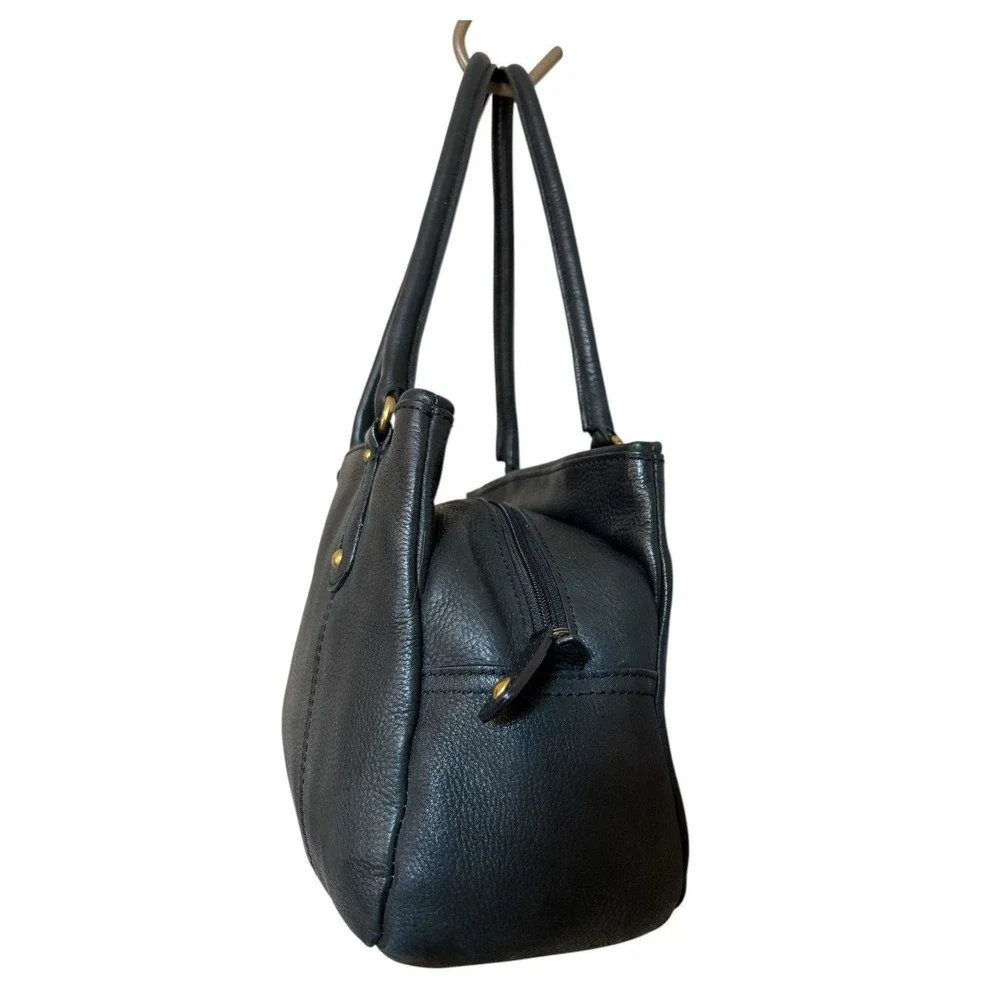 Y2K Fossil Black Pebbled Leather Triple Compartment Shoulder Bag Satchel Brass